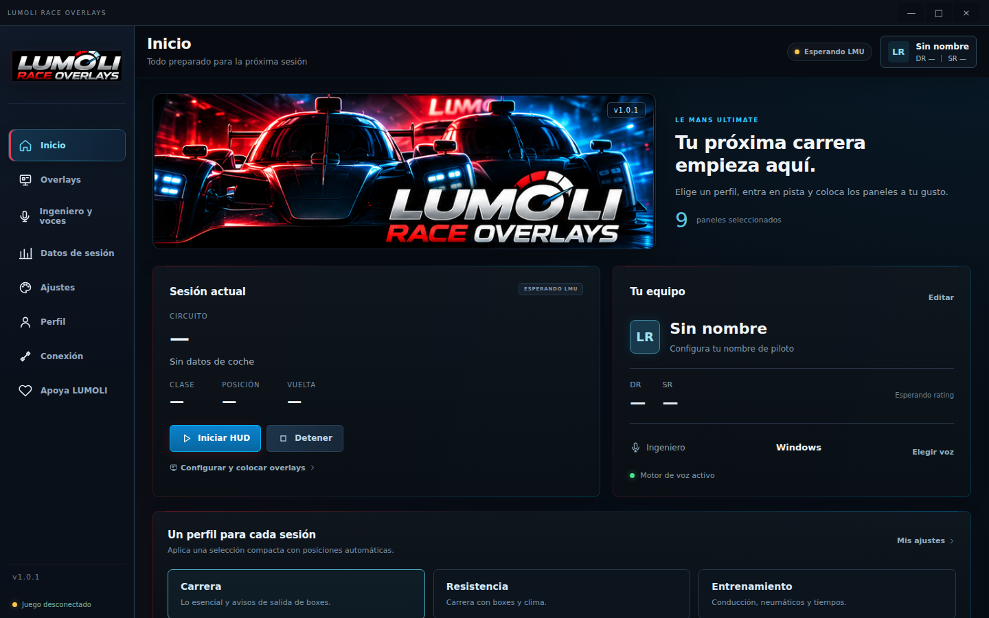 Menú de inicio de LUMOLI RACE